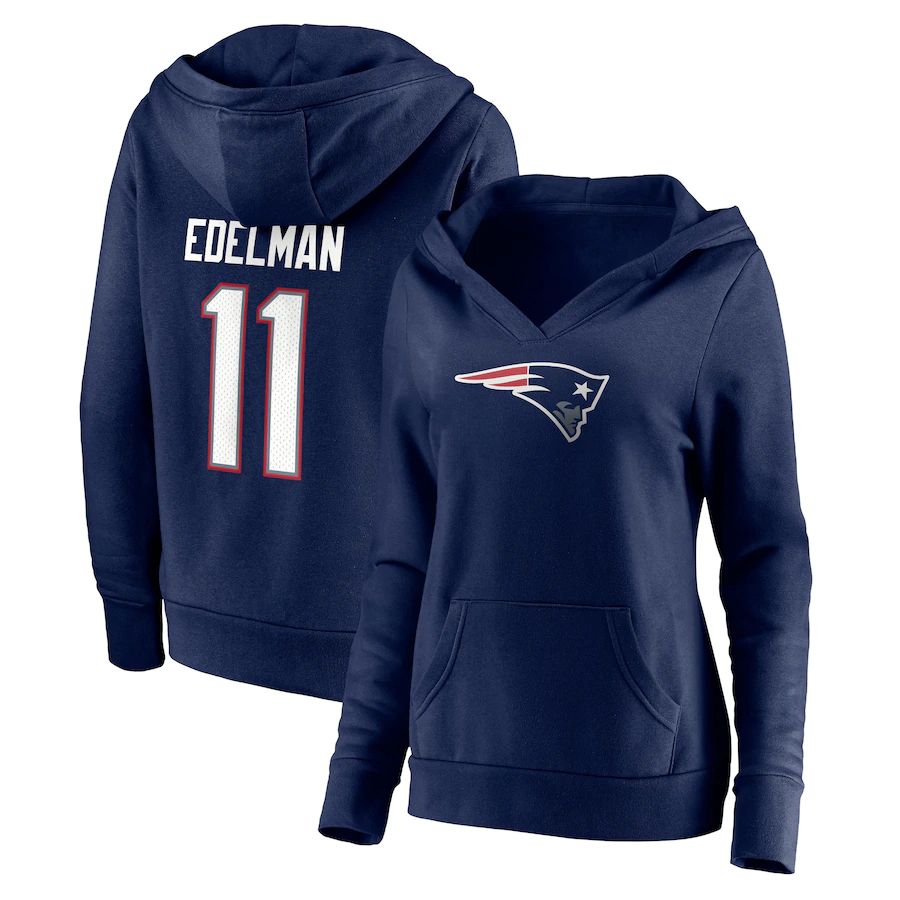 Women New England Patriots 11 Julian Edelman Fanatics Branded Navy Player Icon Name & Number Pullover Hoodie